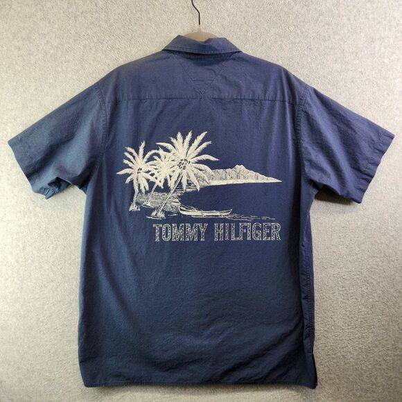 Tommy Hilfiger Hawaiian Shirt Mens Medium Blue Palm Trees Vintage Beach VTG - Picture 16 of 16
